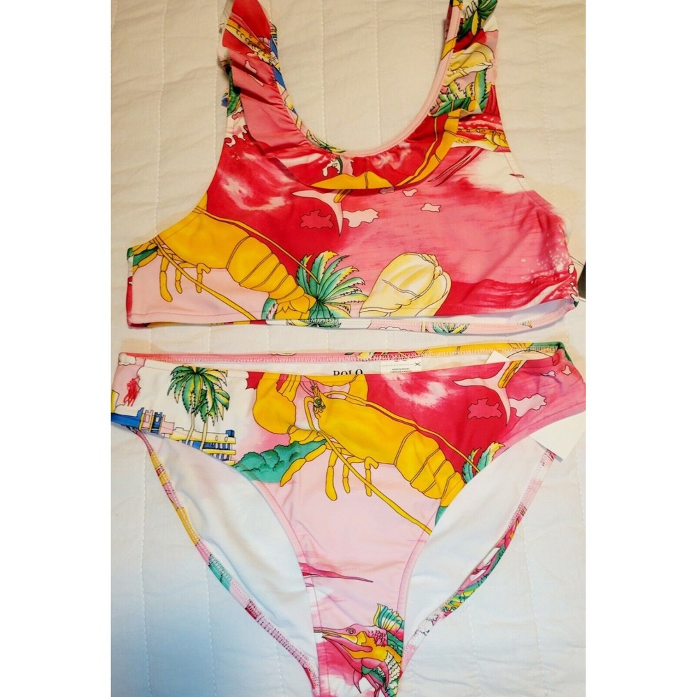 NWT Polo Ralph Lauren Girls Two Piece Swim Suit Pink Tropical Colorful Size 16
